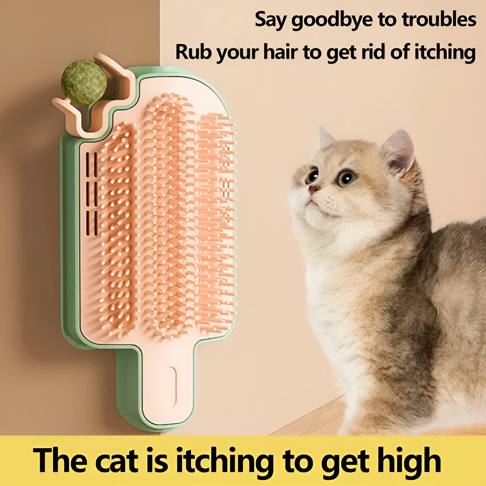 Ice cream cone shaped cat scratching post with grooming arch and feather attachments