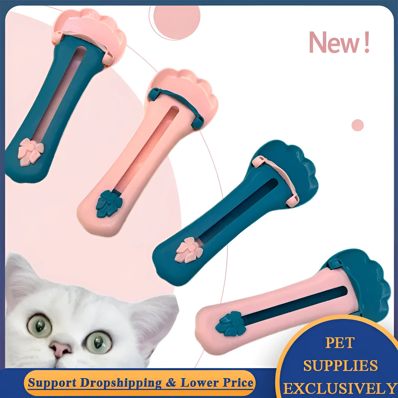 Green and pink plastic pet food squeezer feeder with a spoon-shaped dispensing end.