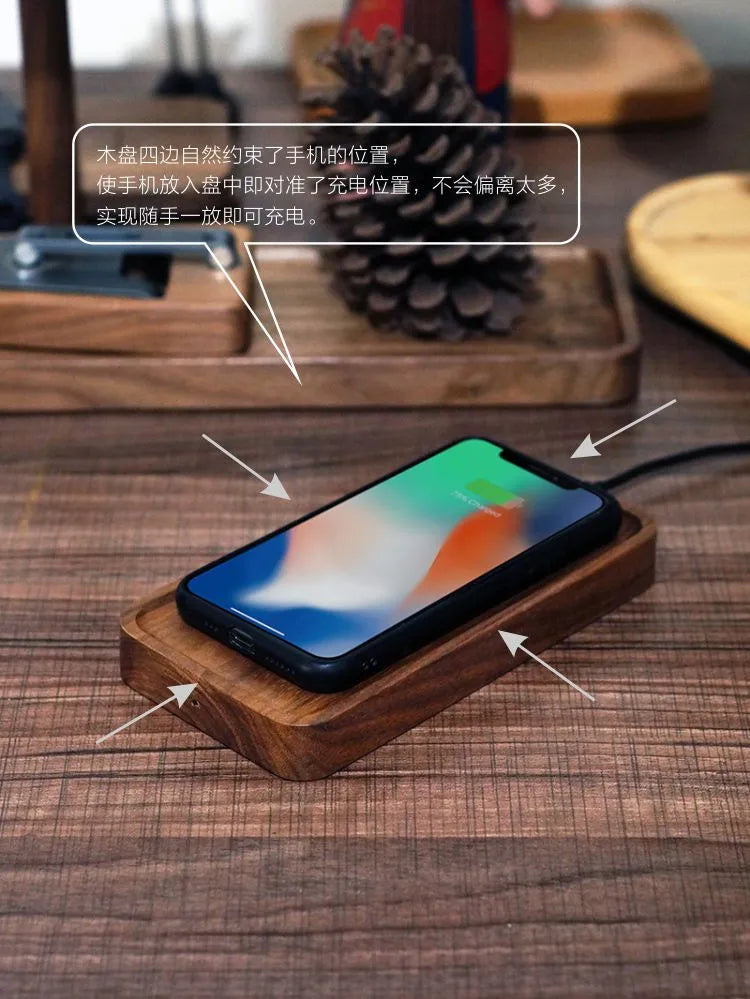 Natural black walnut wood tray 15W wireless fast charger with end outlet cable