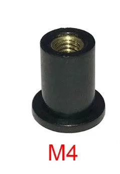 Black rubber and brass expansion well nut fasteners for motorcycle windshield mounting in M4, M5, M6 sizes.
