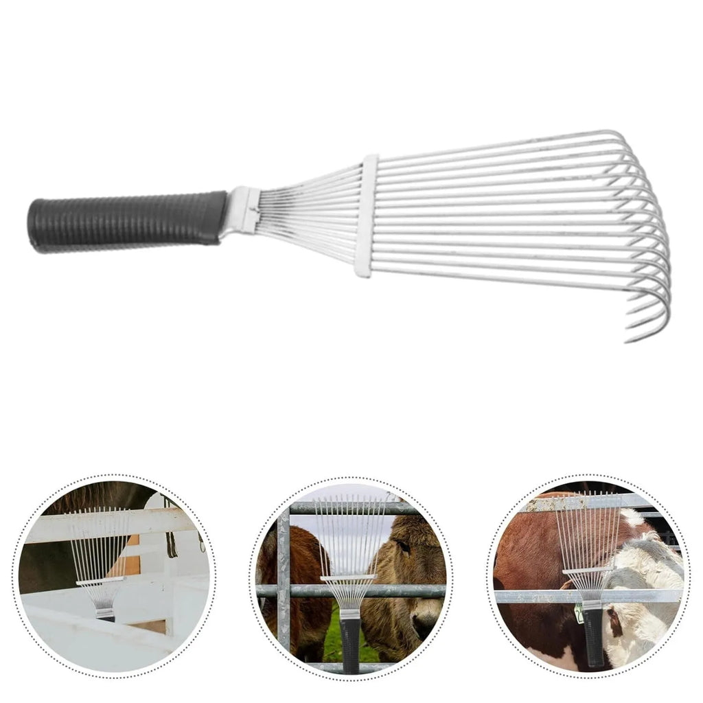 Stainless steel dematting brush rake comb for grooming horses, dogs, and livestock.