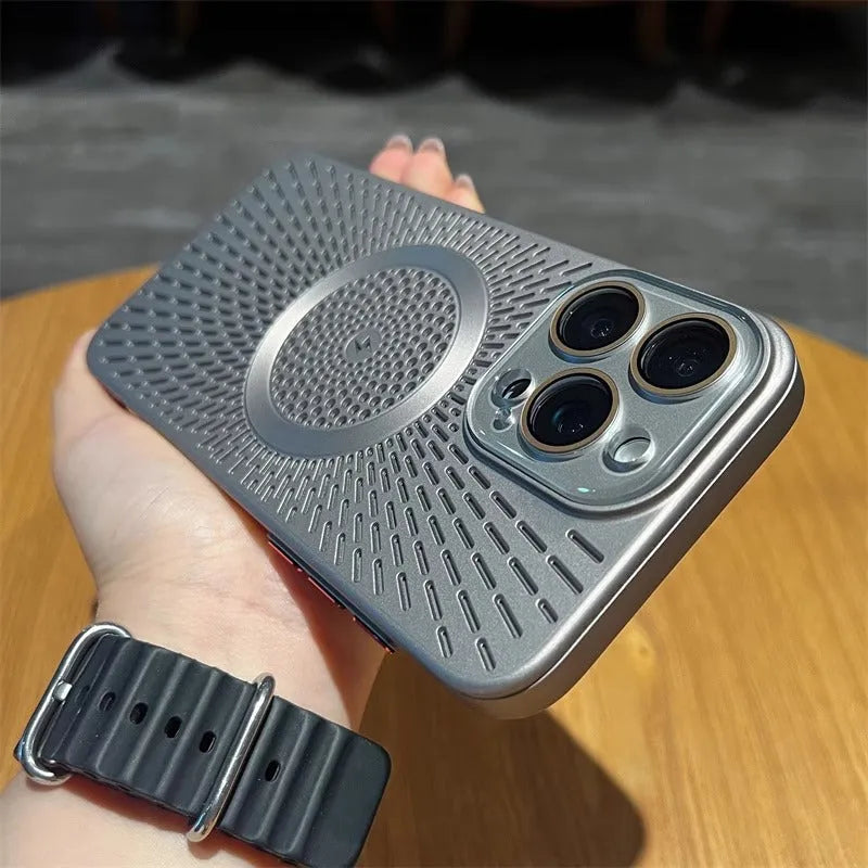 Hollow PC phone case with heat dissipation network and magnetic charging for iPhone, in platinum silver
