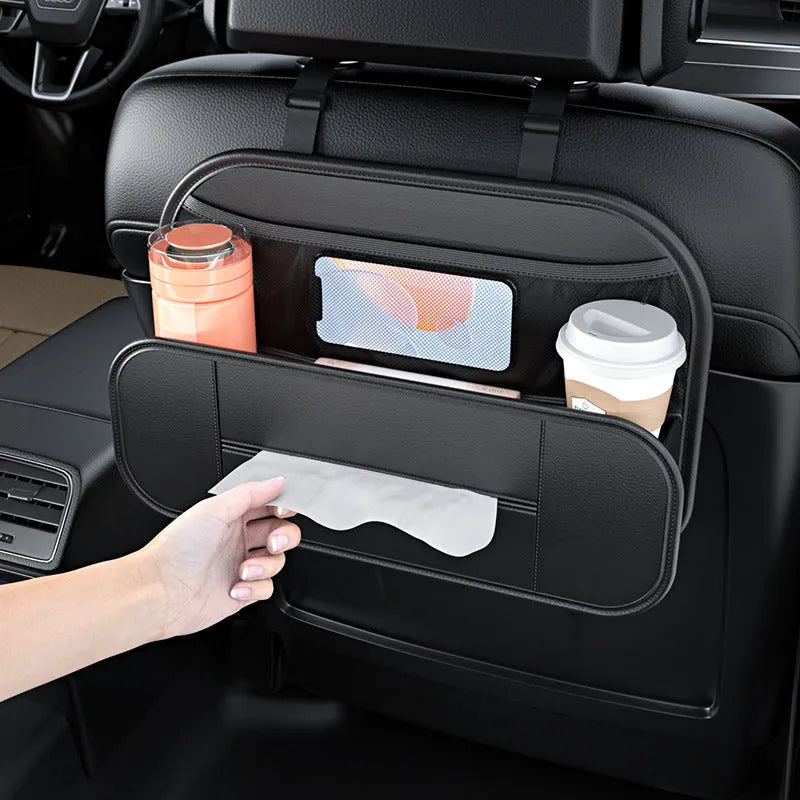 Black leather car seat rear storage bag with adjustable dividers for vehicle organisation