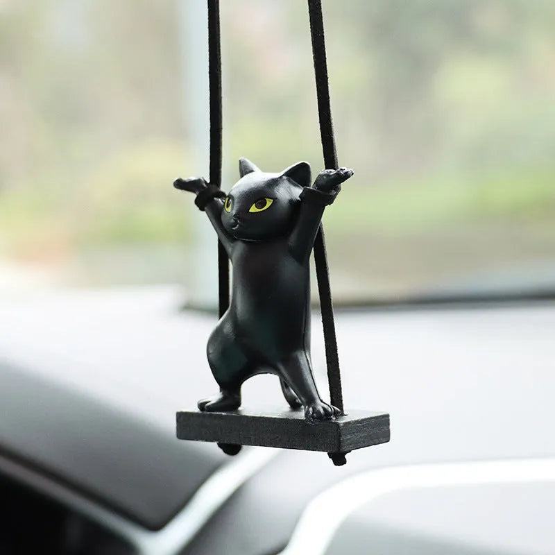 Resin cartoon cat car pendant decoration with adjustable rope in black, white, floral, grey, and brown colours