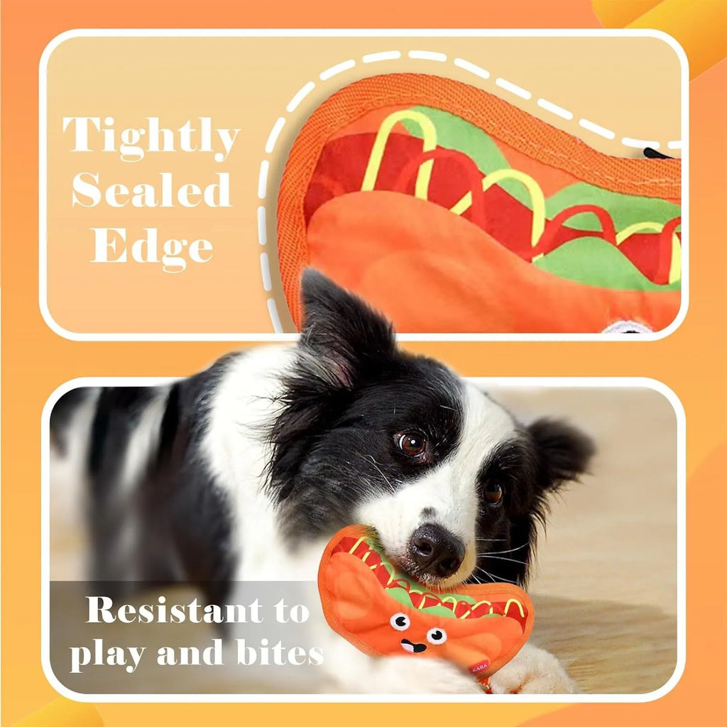 Crinkle and squeaker dog toy in hamburger shape with no stuffing