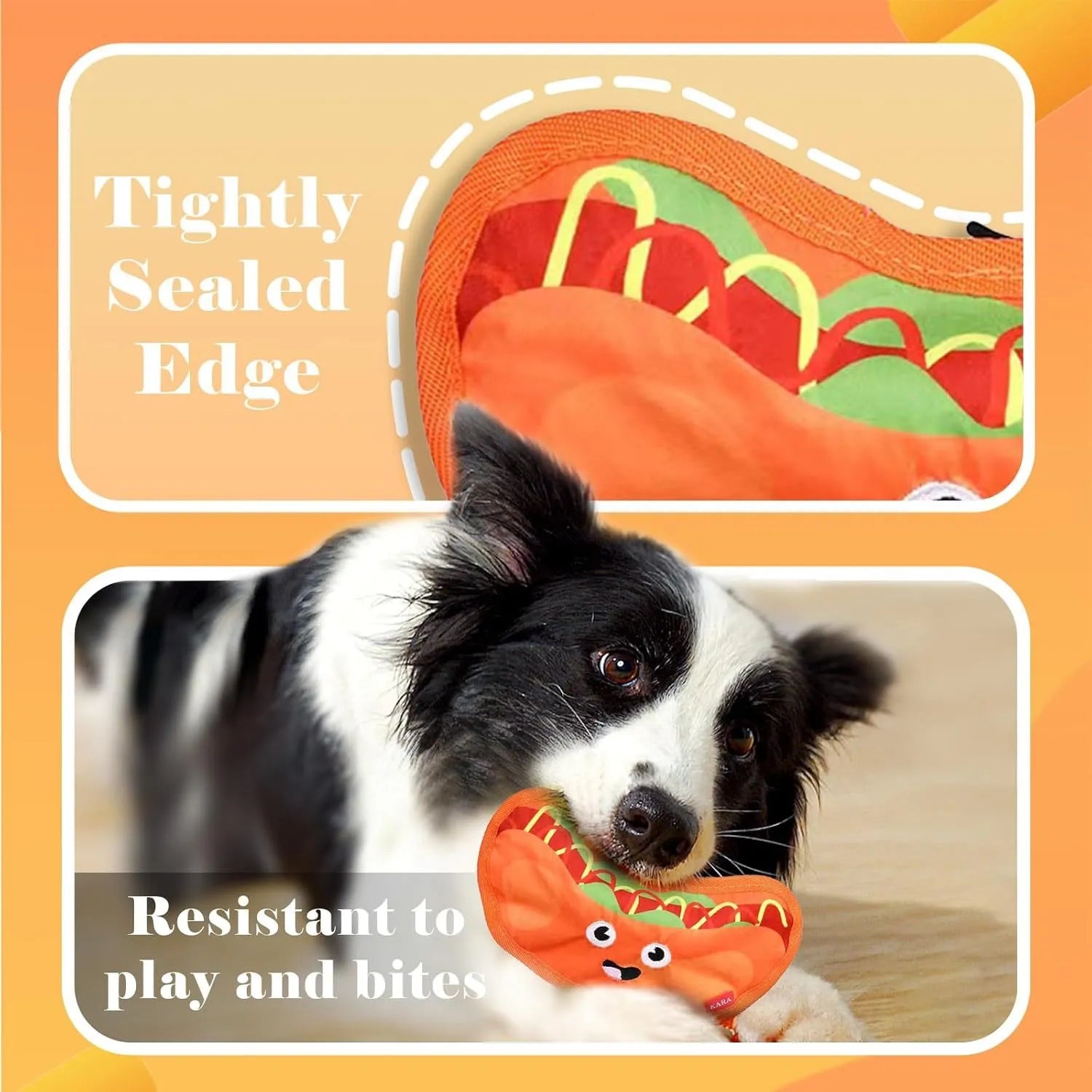 Crinkle and squeaker dog toy in hamburger shape with no stuffing