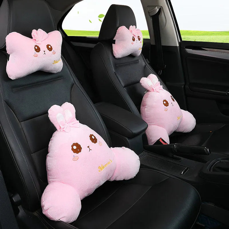Cute cartoon car headrest and lumbar pillow set with natural wool filling in multiple styles