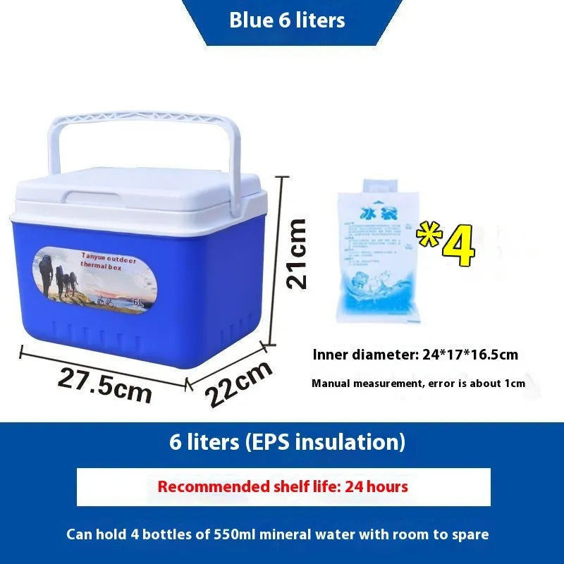 Blue portable insulated cooler box with aluminium foil construction and EPS insulation.