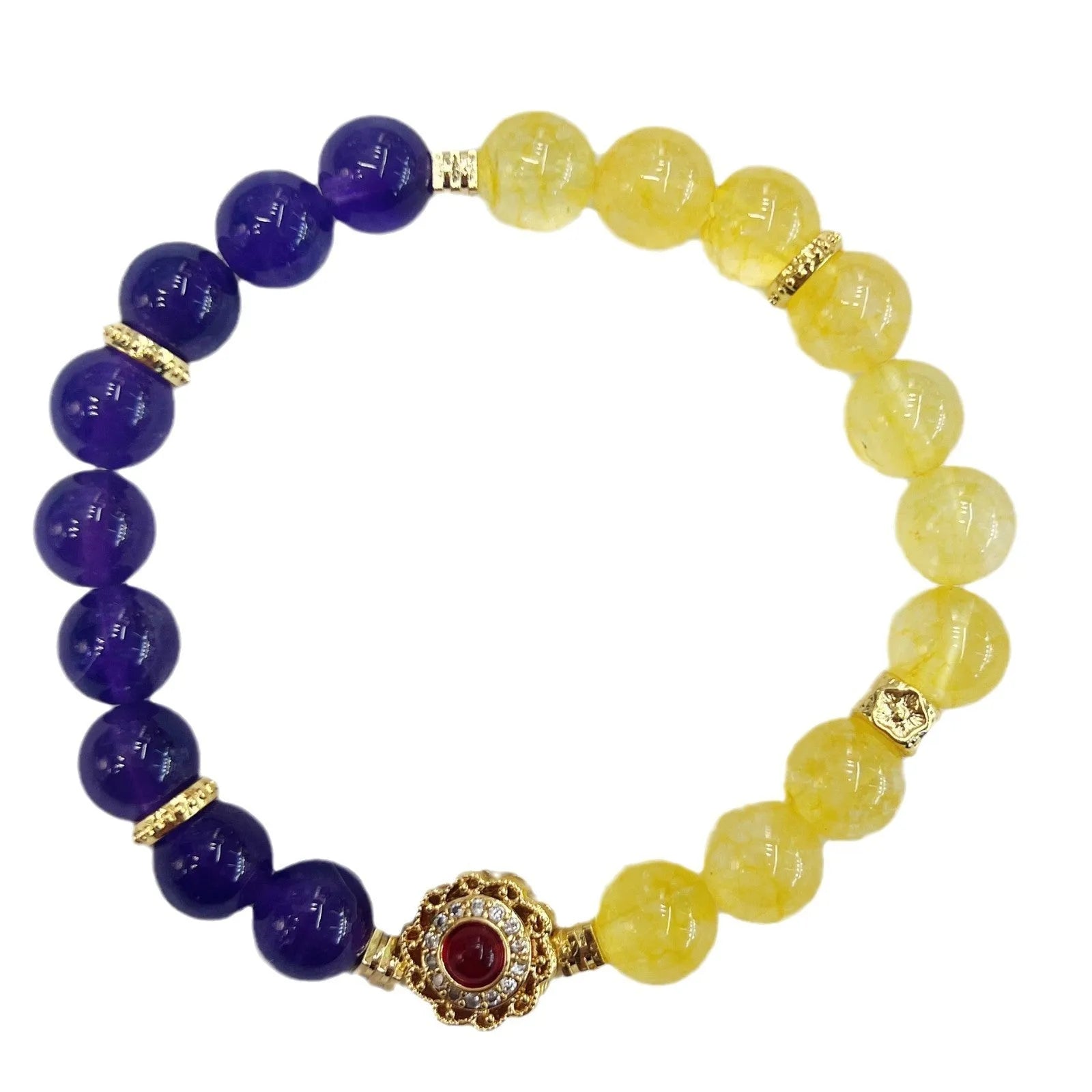 Handmade women's bracelet with yellow and purple crystal amethyst stones on adjustable clasp
