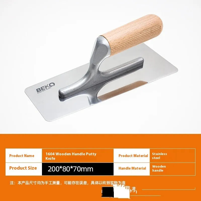 Stainless steel putty scraper with wooden handle showing three blade size options for floor and wall application
