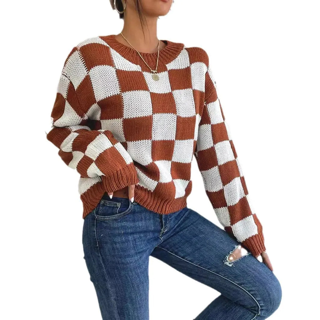 Dark brown plaid pattern acrylic pullover sweater with round neck and long sleeves on hanger