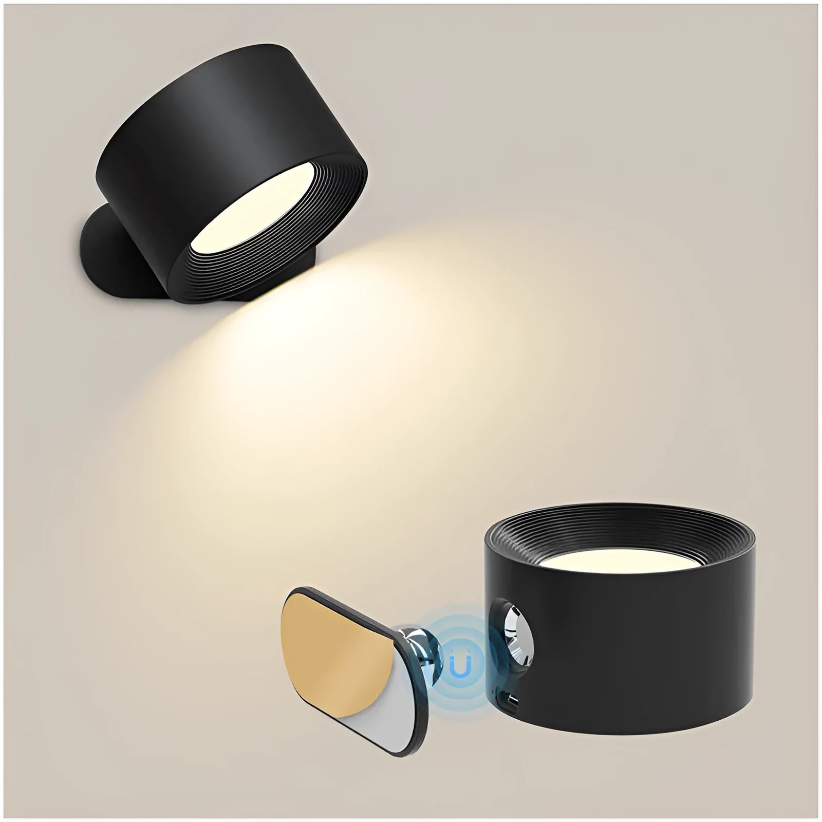 USB rechargeable LED wall lamp in white with ABS plastic housing and 7.5cm diameter
