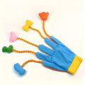 Yellow and blue plush magic glove cat toy with integrated bell for interactive play