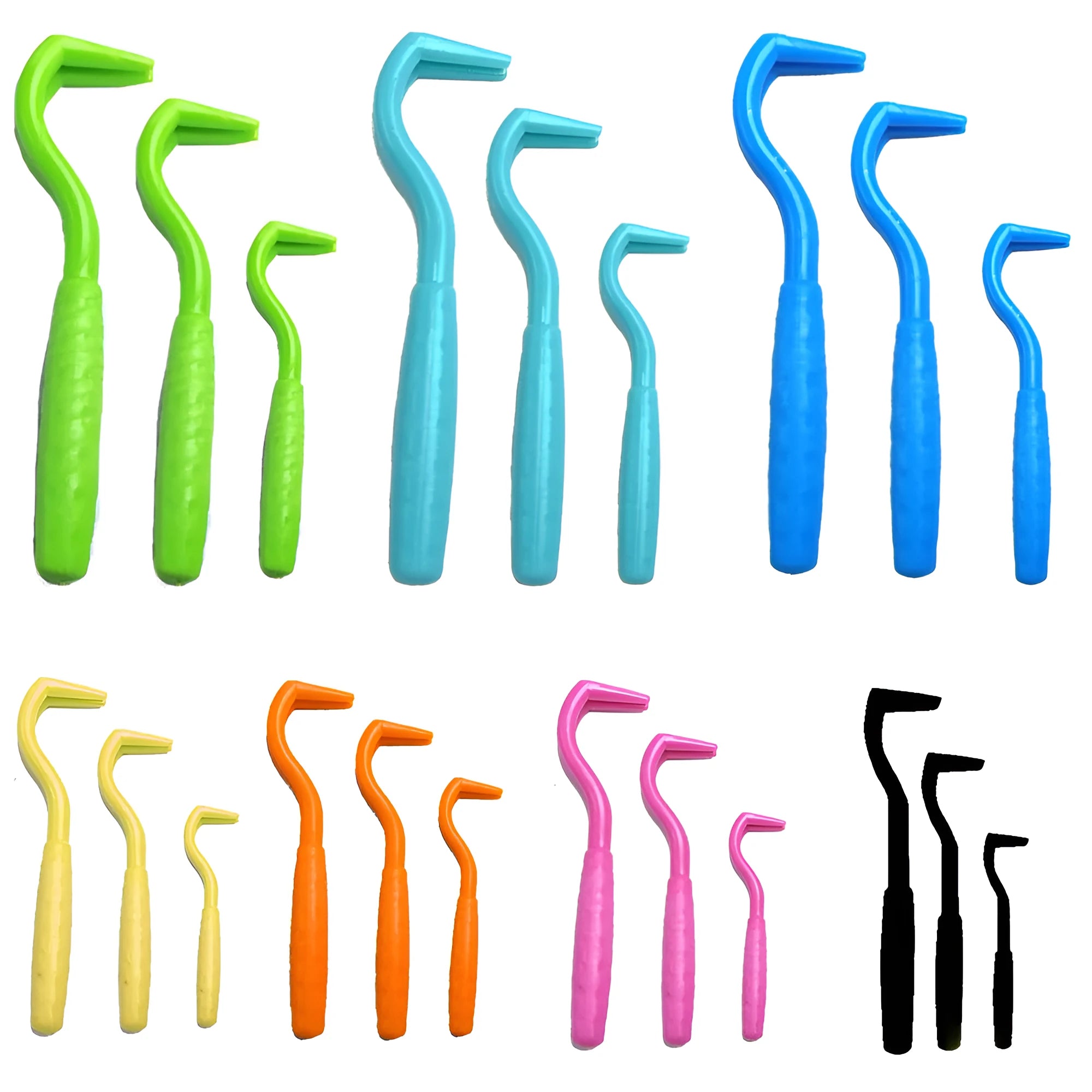 Three coloured ABS plastic tick hook removers for dogs on white background