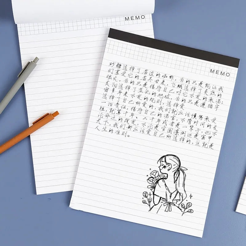 A4 tearable notebook with wireless adhesive binding, showing grid and lined page options