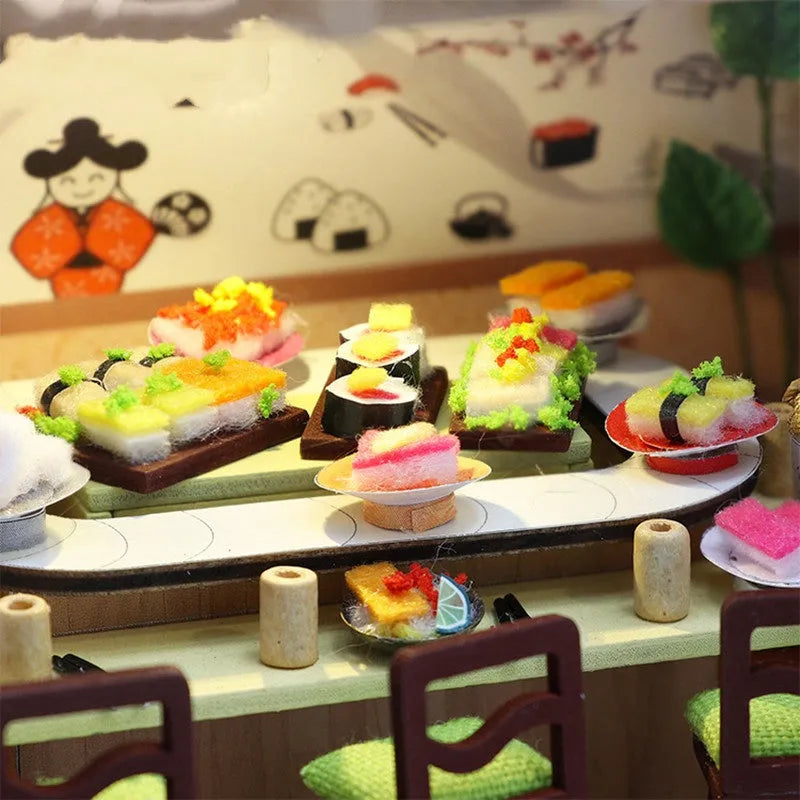 Japanese style sushi restaurant wooden building model kit with flash function, assembled on a shelf