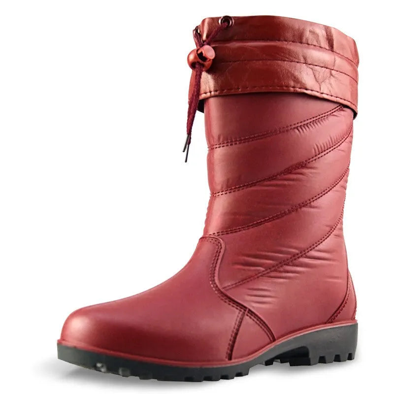 Women's black PVC rain boots with mid-calf tube height and plush lining