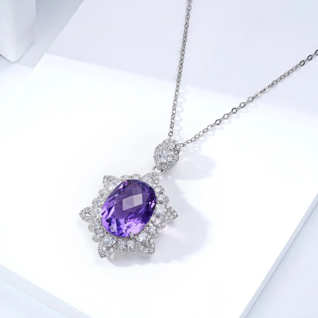 Natural amethyst necklace for women in 925 silver with geometric pendant