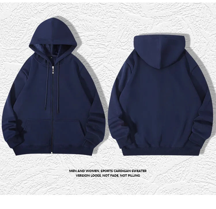 A plus size man wearing a heavy grey zip-up hooded cardigan sweater with side pockets.