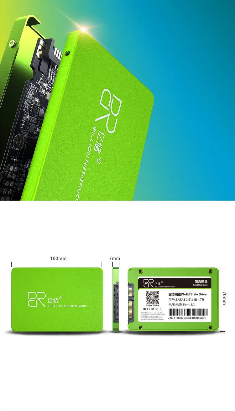 Black plastic-cased 2.5-inch solid state drive with SATA connector for desktop and notebook computers