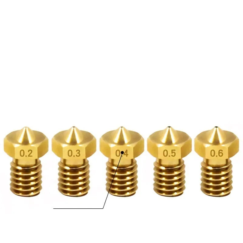 E3D M6 threaded brass 3D printer nozzle with multiple aperture size options.