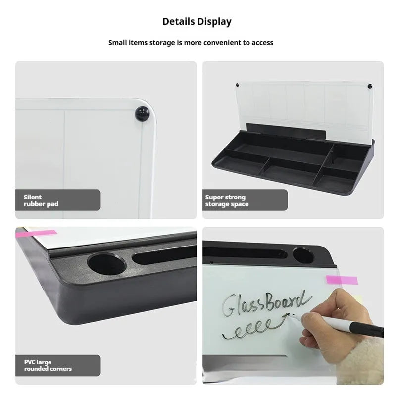 Table top glass whiteboard 18x40cm in black with marker on desk