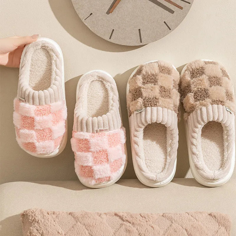 Plaid pattern women's plush indoor slippers with anti-slip soles in multiple colour options