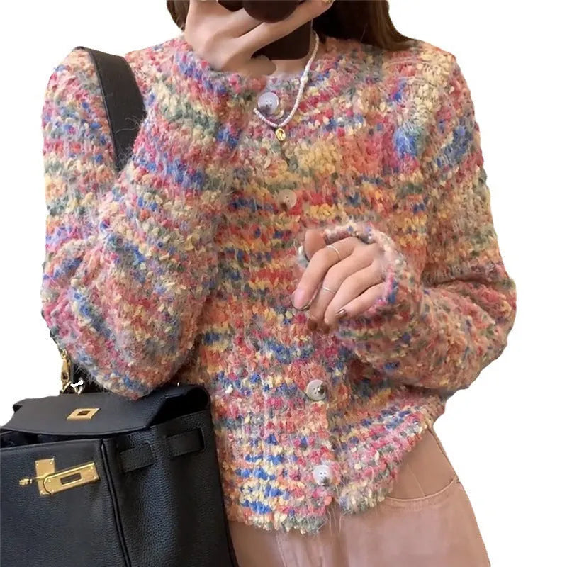 Gentle Idle Style Knitted Rainbow Sweater cardigan in pink or green colour with toothbrush hair fabric