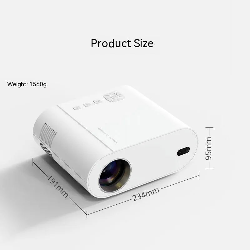 White Full HD smart projector with remote control showing 1080p resolution and 320 ANSI lumens brightness