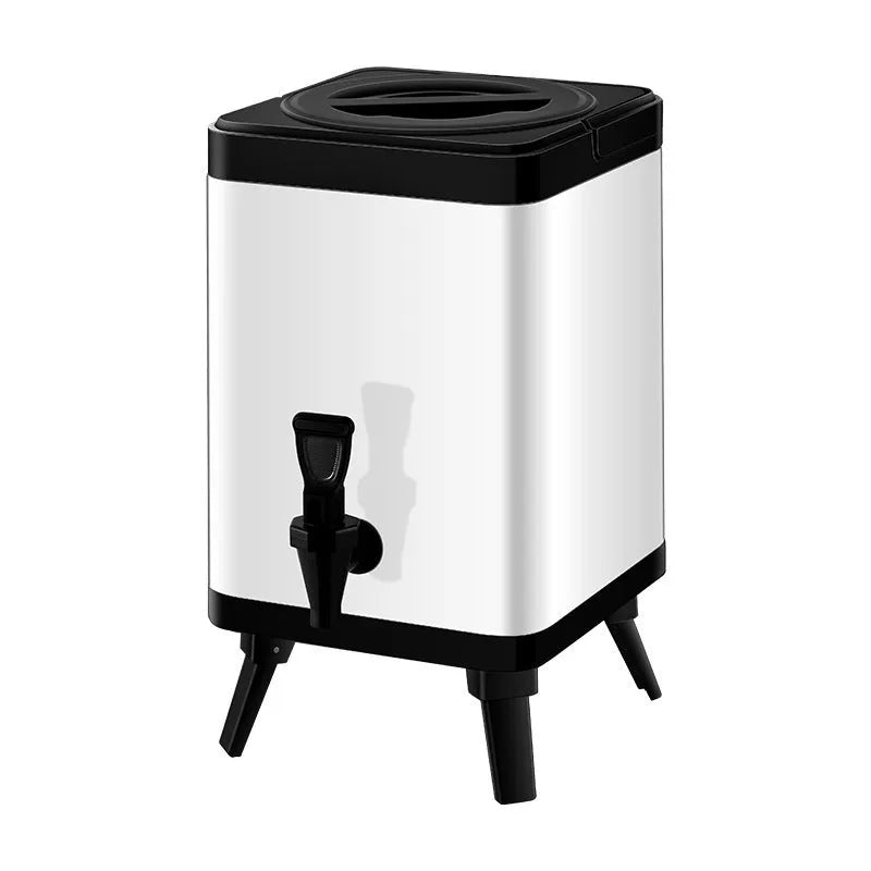 Silver stainless steel 8-litre milk tea bucket with square lock design for commercial beverage storage