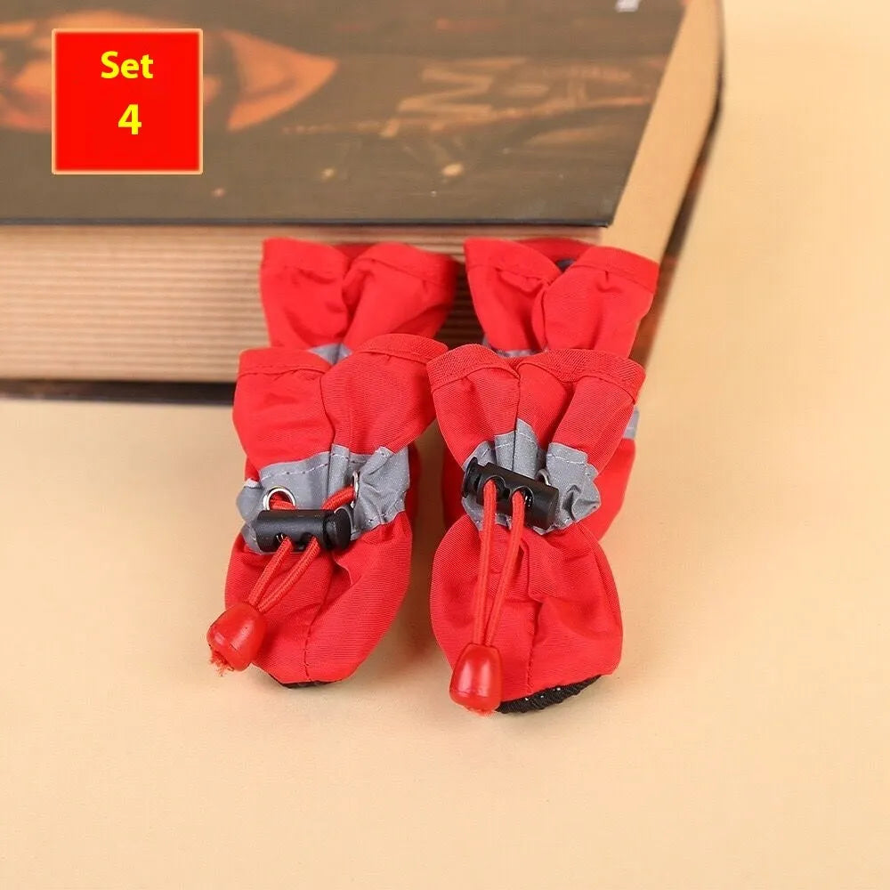 Set of four breathable cloth dog shoes with soft soles, shown in a choice of colours and patterns.