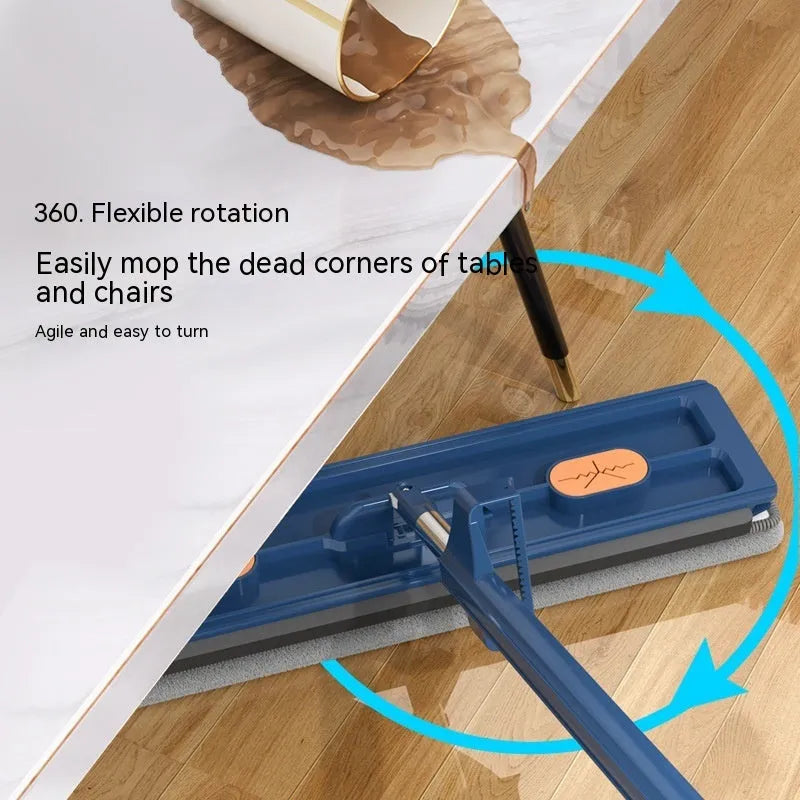 Large flat mop with stainless steel handle and 360-degree rotating head on hard floor