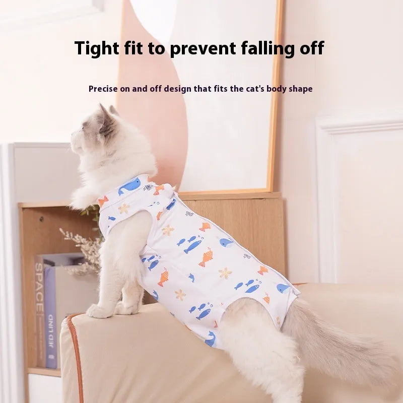 Polyester cat surgical recovery suit with Velcro fastenings in a printed design, sizes S M L XL.