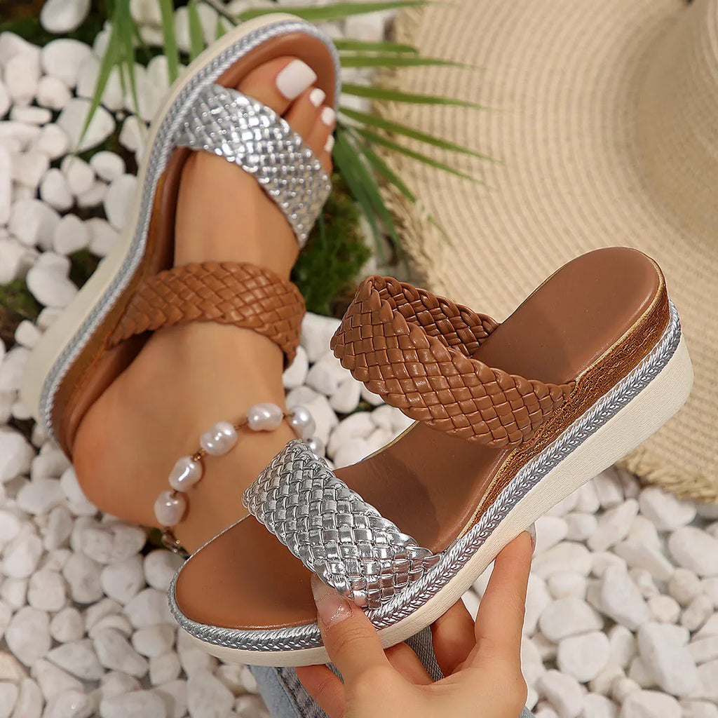 Women's gold and silver wedge sandals with PU upper and rubber sole in sizes 36-43