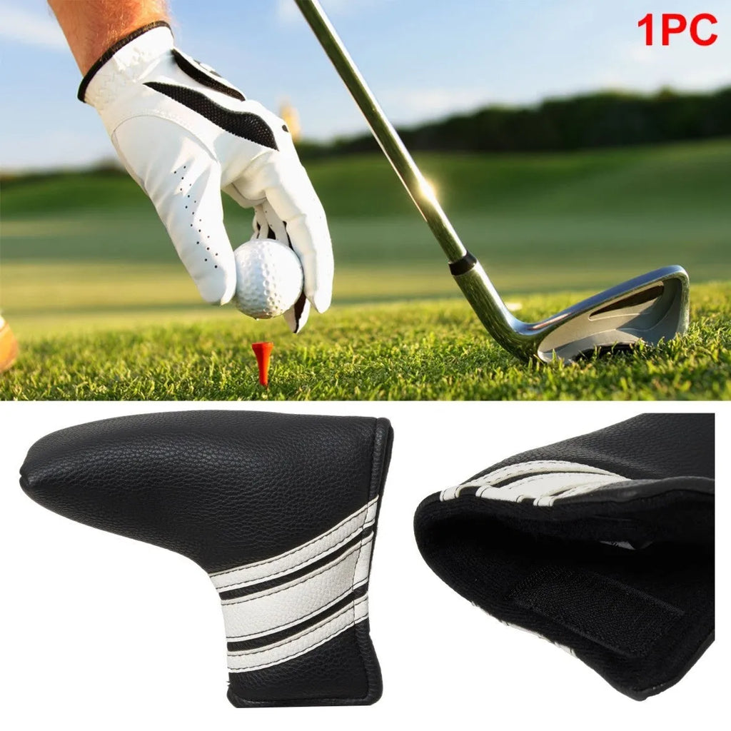 Black PU leather golf club head cover sleeve for protecting a single club shaft and head.