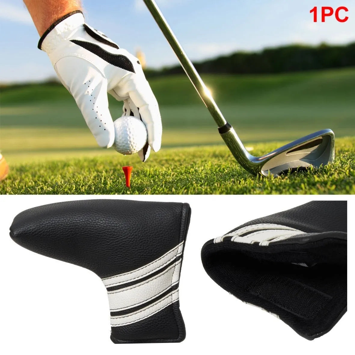 Black PU leather golf club head cover sleeve for protecting a single club shaft and head.