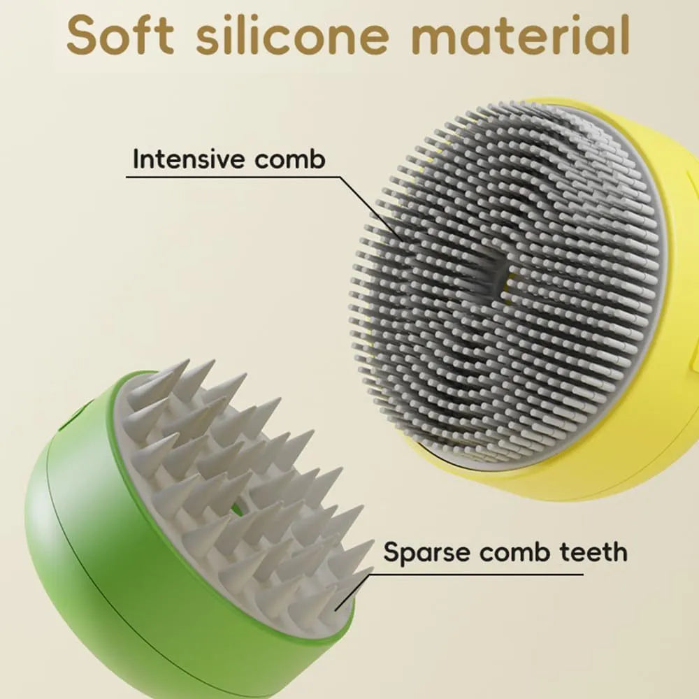 Green and yellow rechargeable silicone steam brush for grooming cats and dogs.