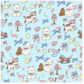 Nylon cosmetic bag with cartoon cat design showing animal print pattern and size options