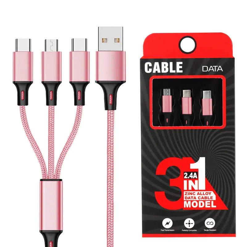 1.2-metre three-in-one braided charging cable in multiple colour options
