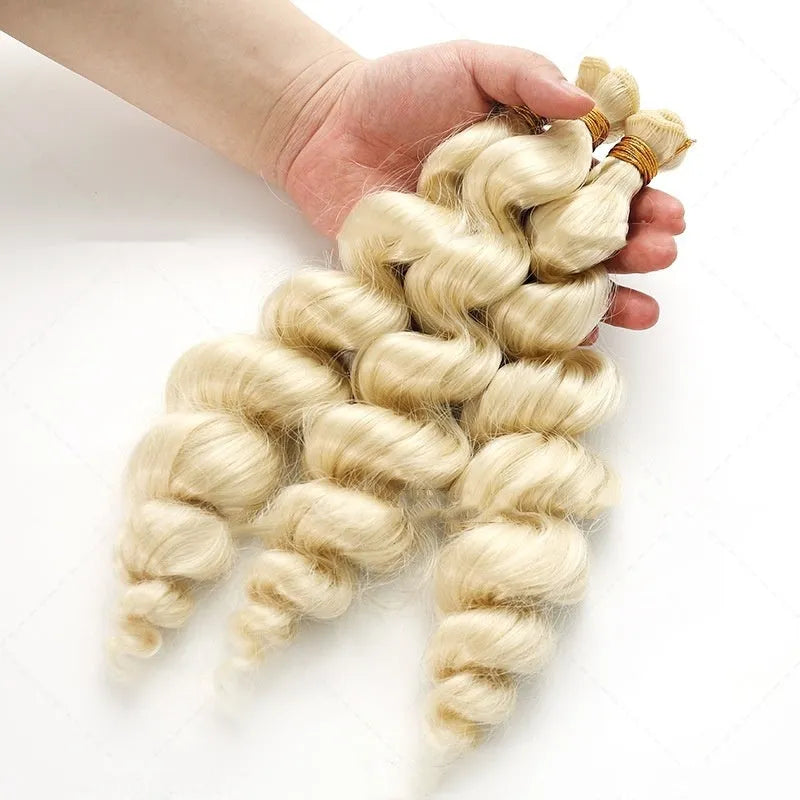 Golden synthetic wig in three lengths: 18 inches, 20 inches, and 22 inches.