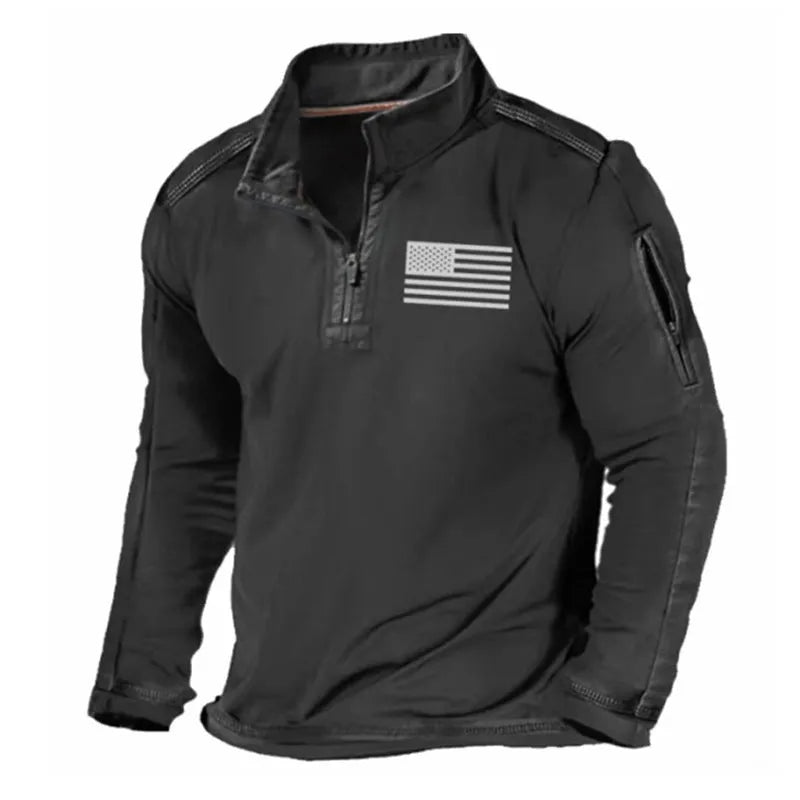 Men's dark coloured zip-front sweater with a stand collar and long sleeves.