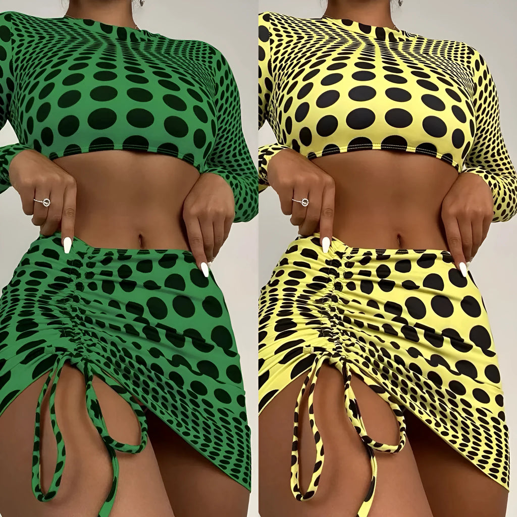 Green and yellow polka dot women's three-piece swimsuit set with bra, bikini top, and skirt.