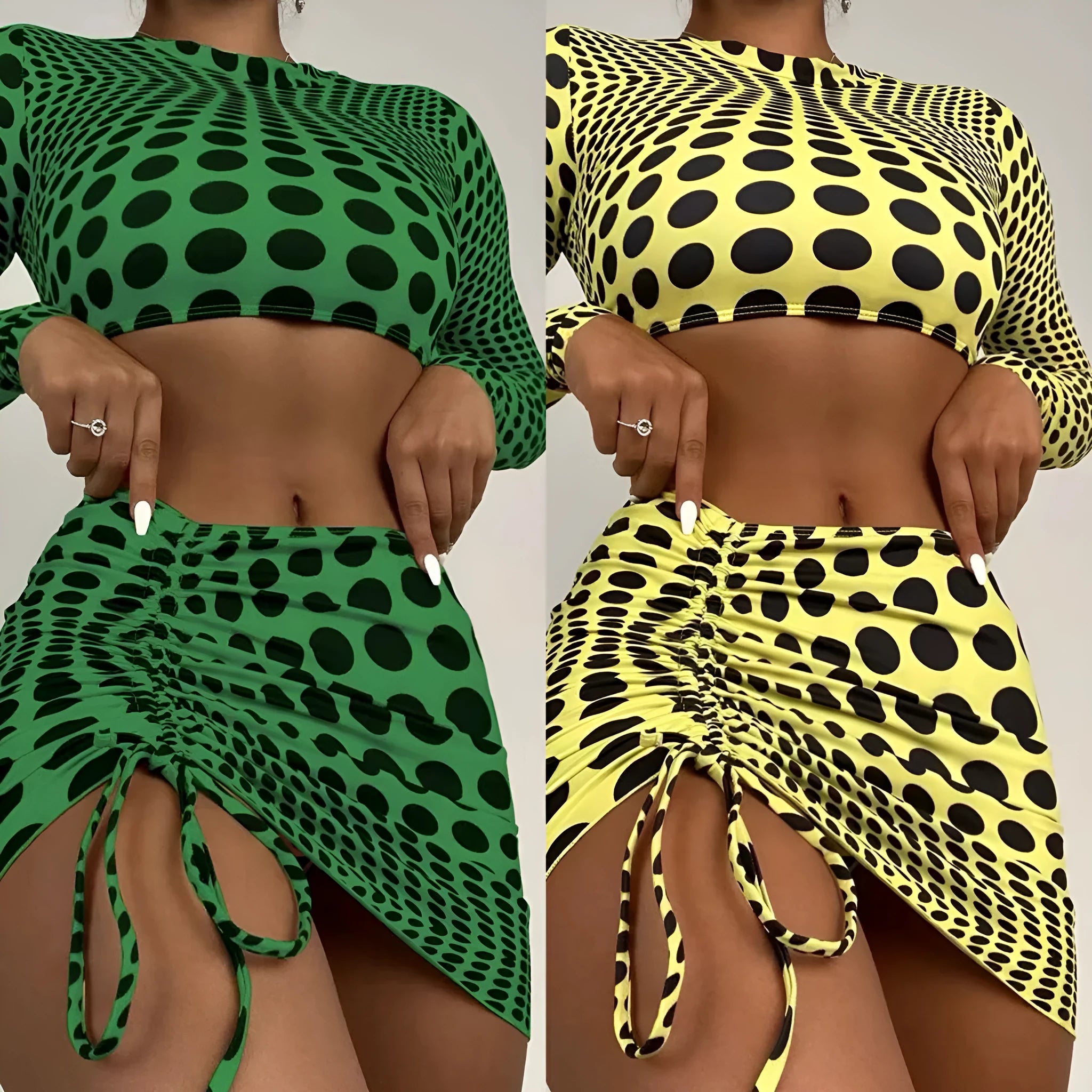 Green and yellow polka dot women's three-piece swimsuit set with bra, bikini top, and skirt.