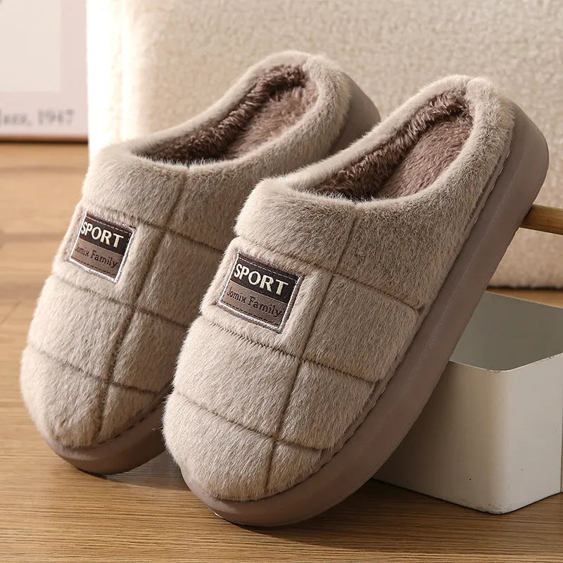 Men's plaid pattern rabbit hair winter slippers with thick EVA sole shown in grey colour
