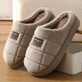 Men's plaid pattern rabbit hair winter slippers with thick EVA sole shown in grey colour