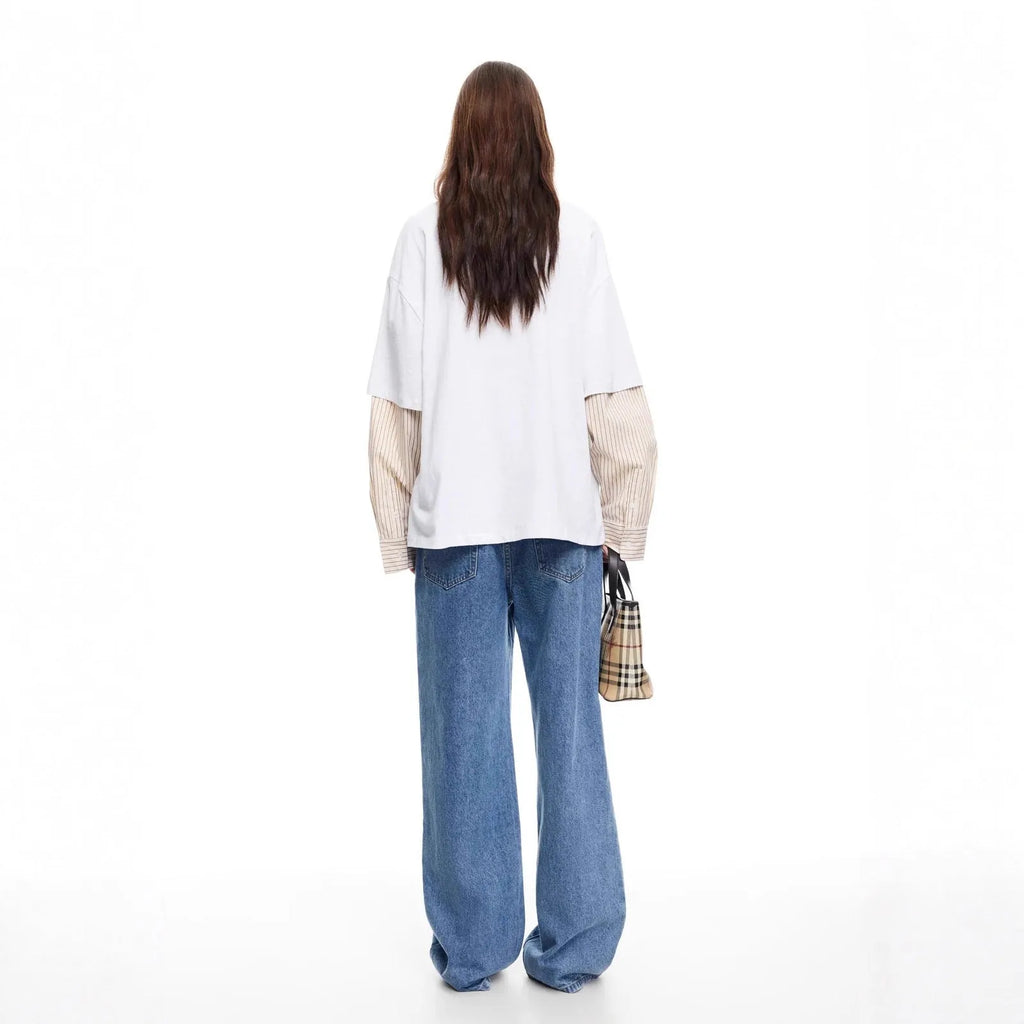 Multi-button straight leg women's jeans in blue cotton denim stone washed finish