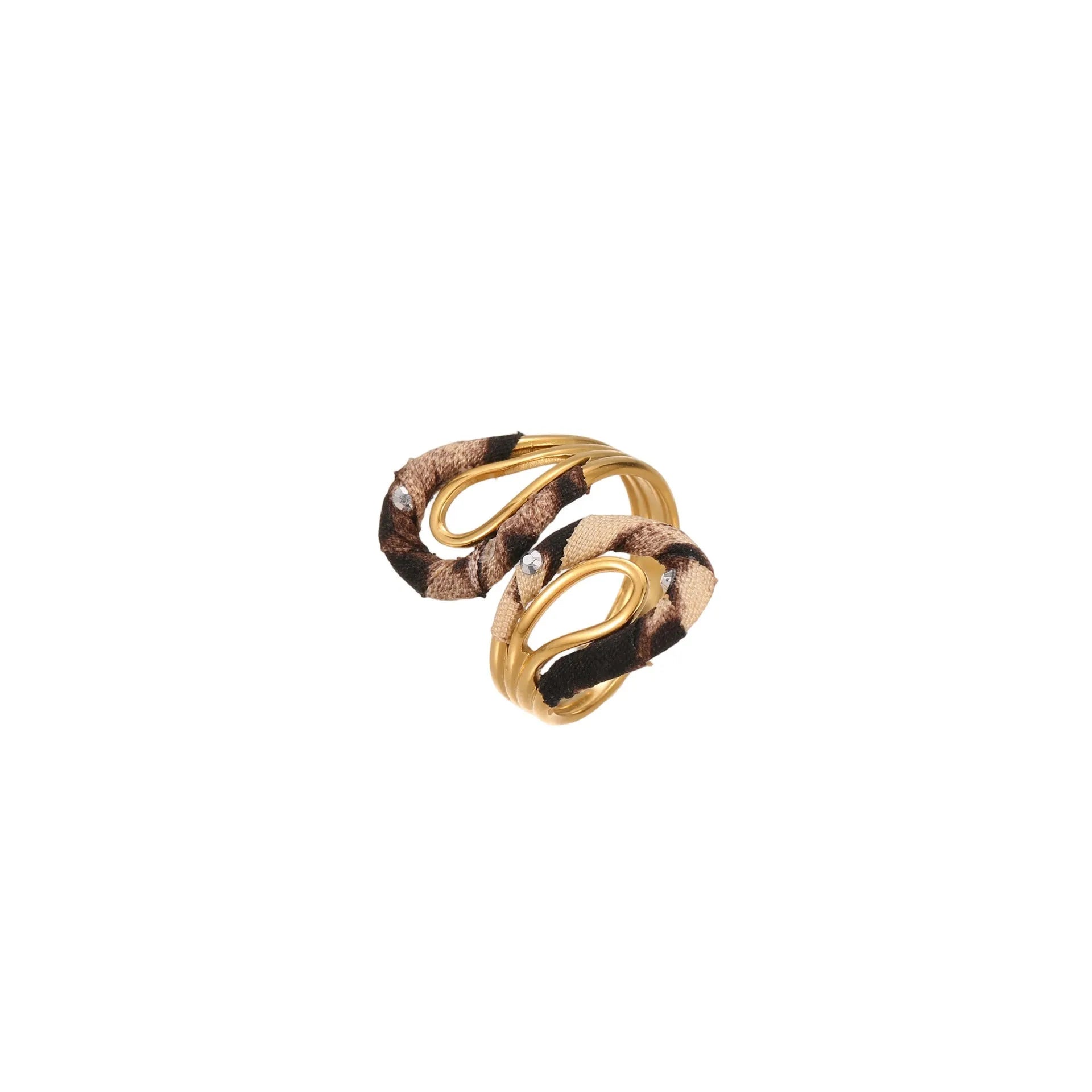 Stainless steel open mouth ring with electroplated leopard print and irregular heart and star geometry