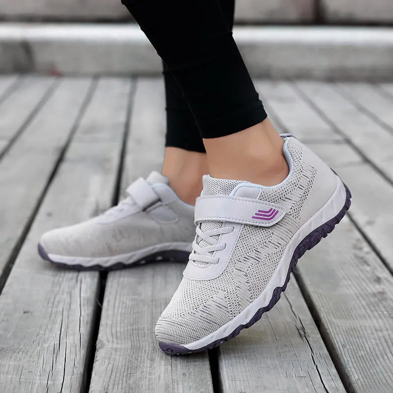 Women's grey purple wedge shoes with velcro fastening and mesh upper