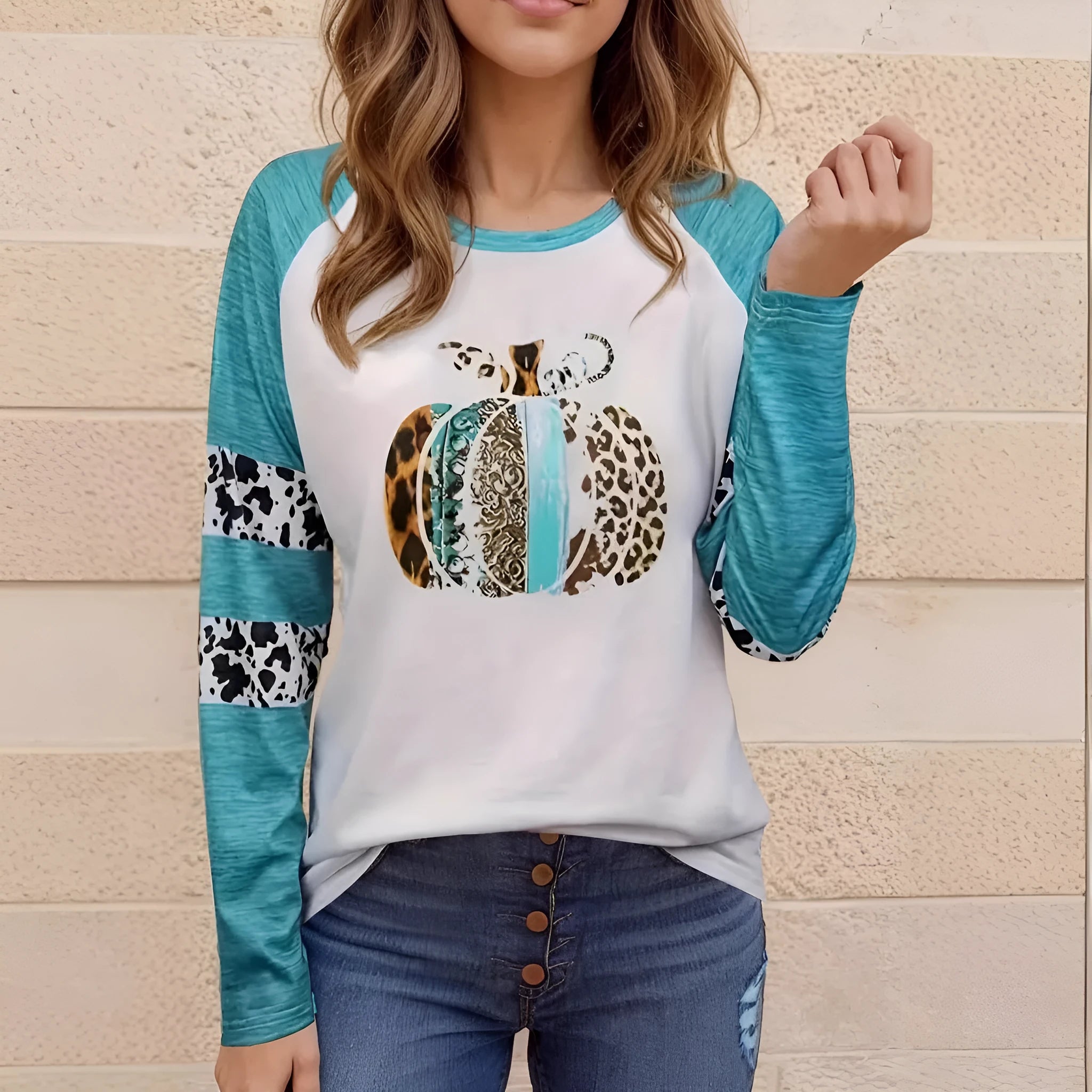 Sky blue Halloween pumpkin 3D printed T-shirt with Japanese Korean casual style