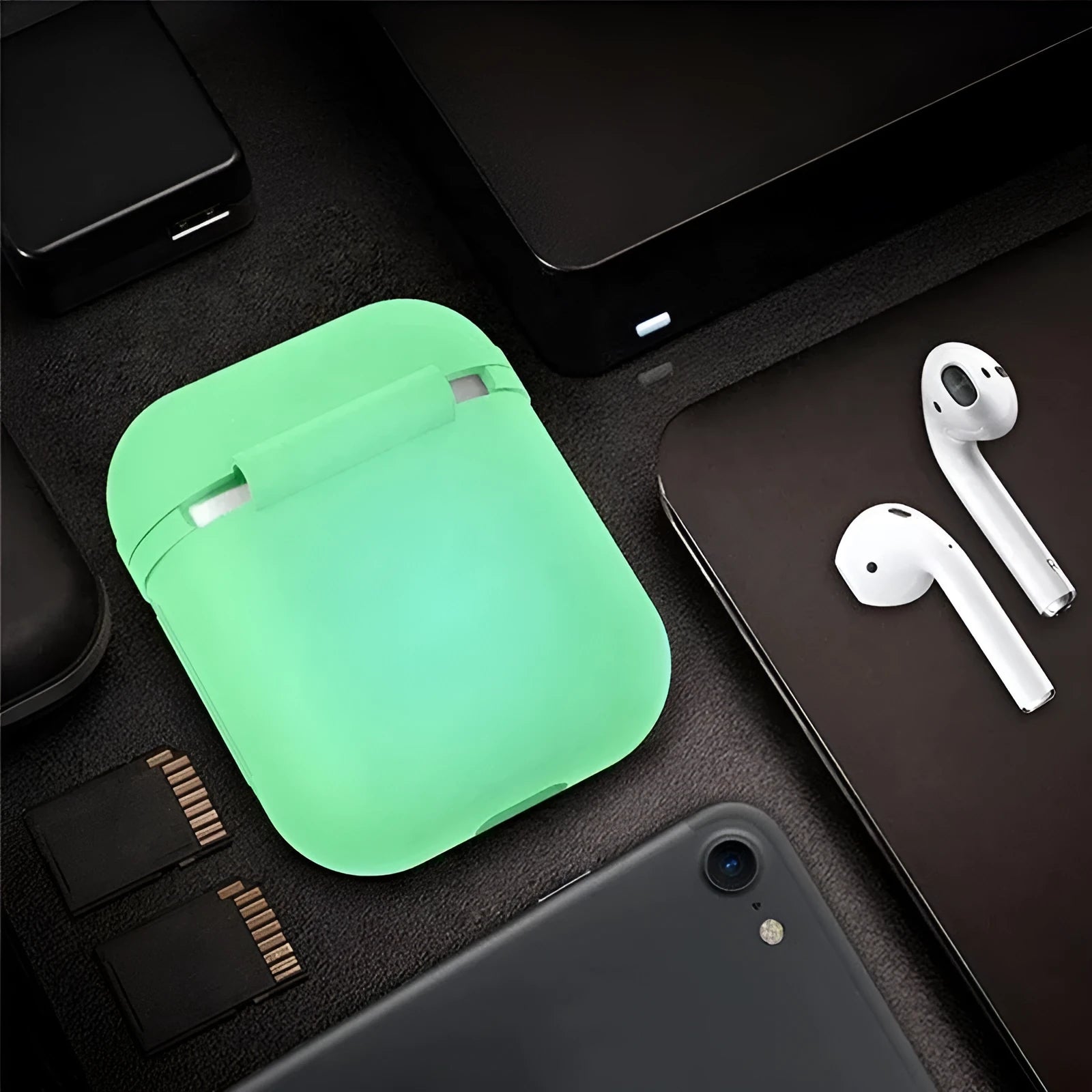 Luminous coloured silicone flip-case for Apple AirPods wireless earphones